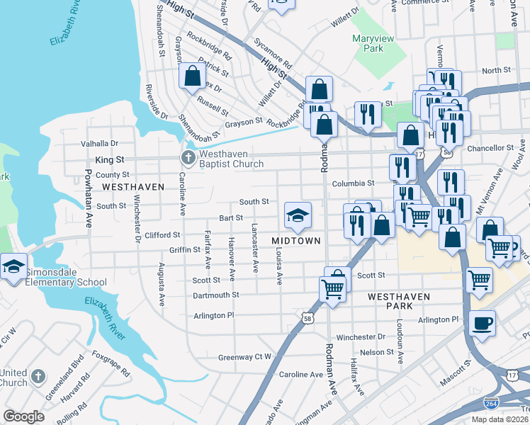 map of restaurants, bars, coffee shops, grocery stores, and more near 3915 South Street in Portsmouth