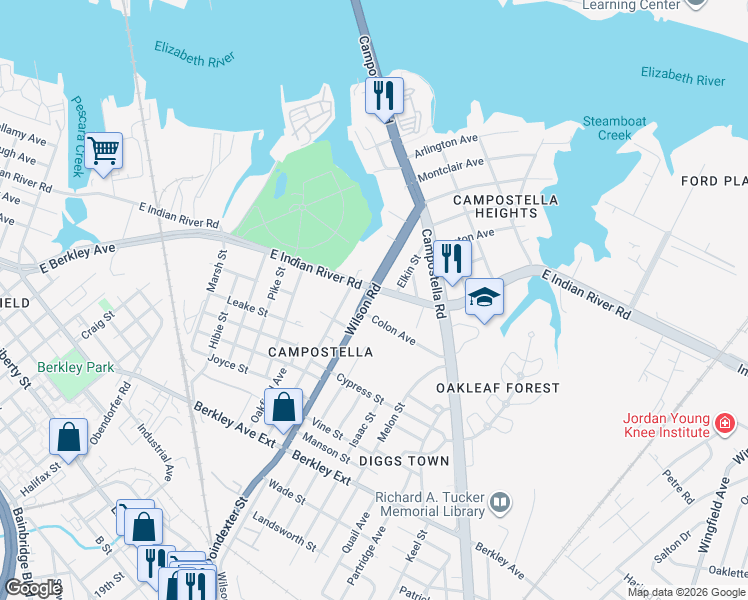 map of restaurants, bars, coffee shops, grocery stores, and more near 1317 East Indian River Road in Norfolk