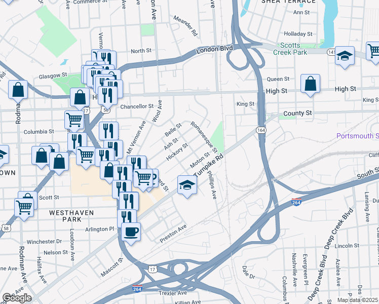 map of restaurants, bars, coffee shops, grocery stores, and more near 305 Phillips Avenue in Portsmouth