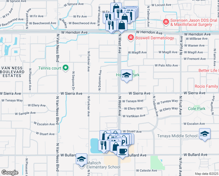 map of restaurants, bars, coffee shops, grocery stores, and more near 2052 West Menlo Avenue in Fresno