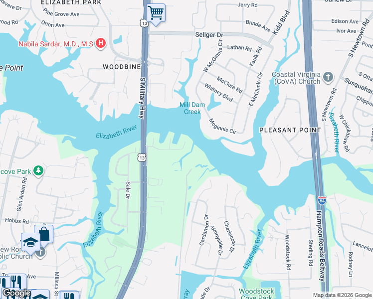 map of restaurants, bars, coffee shops, grocery stores, and more near 6312 Jonathans Cove Drive in Virginia Beach