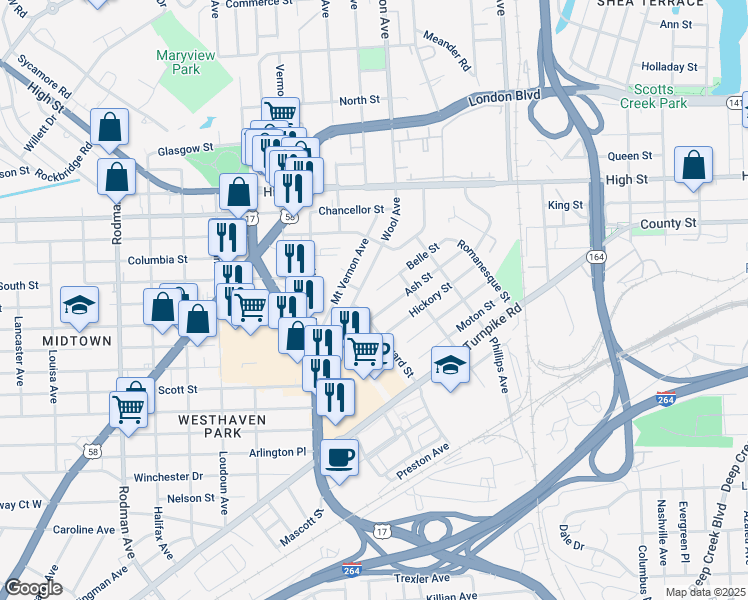 map of restaurants, bars, coffee shops, grocery stores, and more near 1437 Wool Avenue in Portsmouth