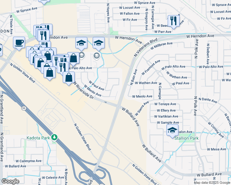 map of restaurants, bars, coffee shops, grocery stores, and more near 6670 North Contessa Avenue in Fresno