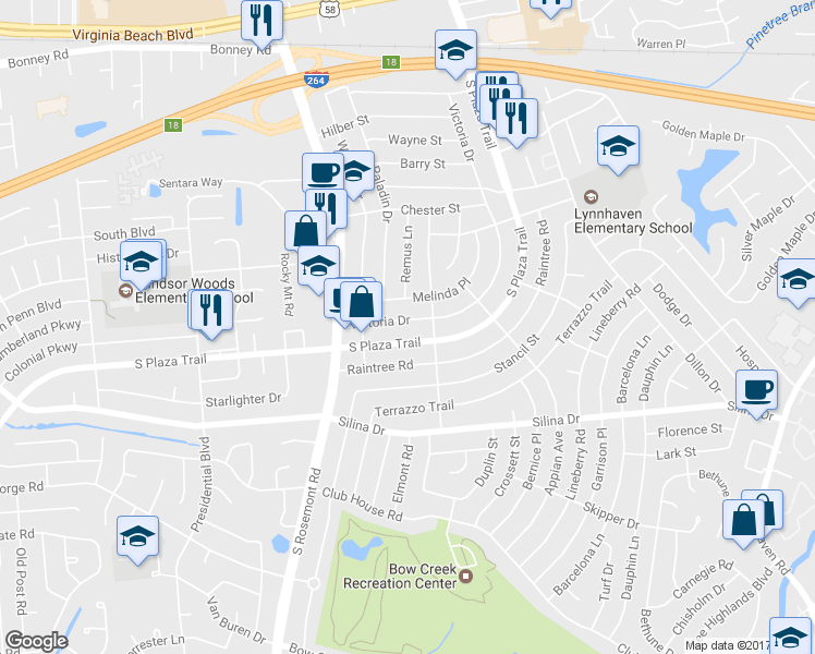 map of restaurants, bars, coffee shops, grocery stores, and more near 3513 Victoria Drive in Virginia Beach