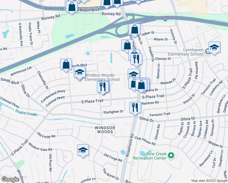 map of restaurants, bars, coffee shops, grocery stores, and more near 3613 Algonquin Court in Virginia Beach