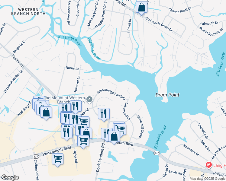 map of restaurants, bars, coffee shops, grocery stores, and more near 2500 Bellechase Court in Chesapeake