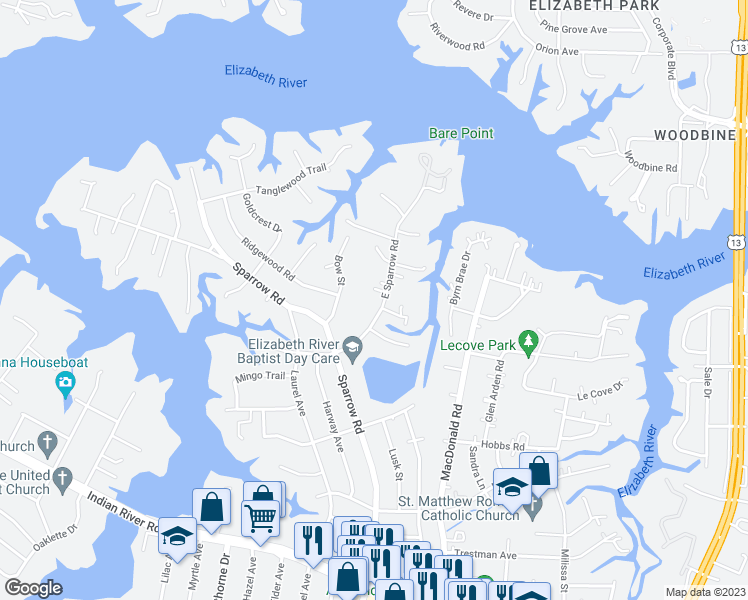 map of restaurants, bars, coffee shops, grocery stores, and more near 828 East Sparrow Road in Virginia Beach