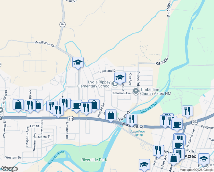 map of restaurants, bars, coffee shops, grocery stores, and more near 431 Heiland Road in Aztec