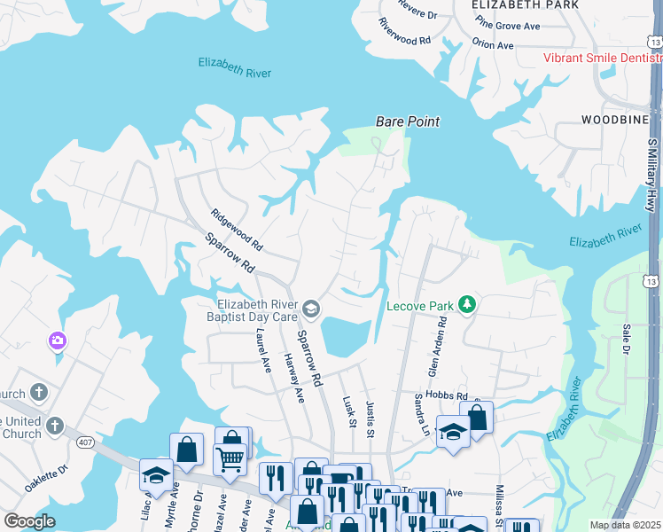 map of restaurants, bars, coffee shops, grocery stores, and more near 828 East Sparrow Road in Virginia Beach