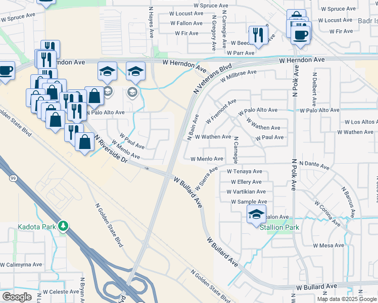 map of restaurants, bars, coffee shops, grocery stores, and more near 5976 West Paul Avenue in Fresno