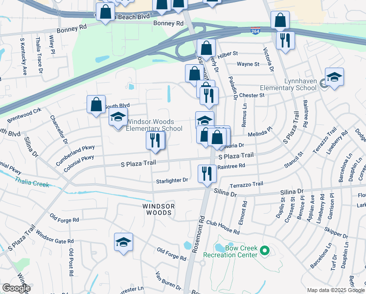 map of restaurants, bars, coffee shops, grocery stores, and more near 3604 Algonquin Court in Virginia Beach