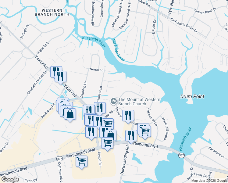 map of restaurants, bars, coffee shops, grocery stores, and more near 2509 Crabtree Court in Chesapeake