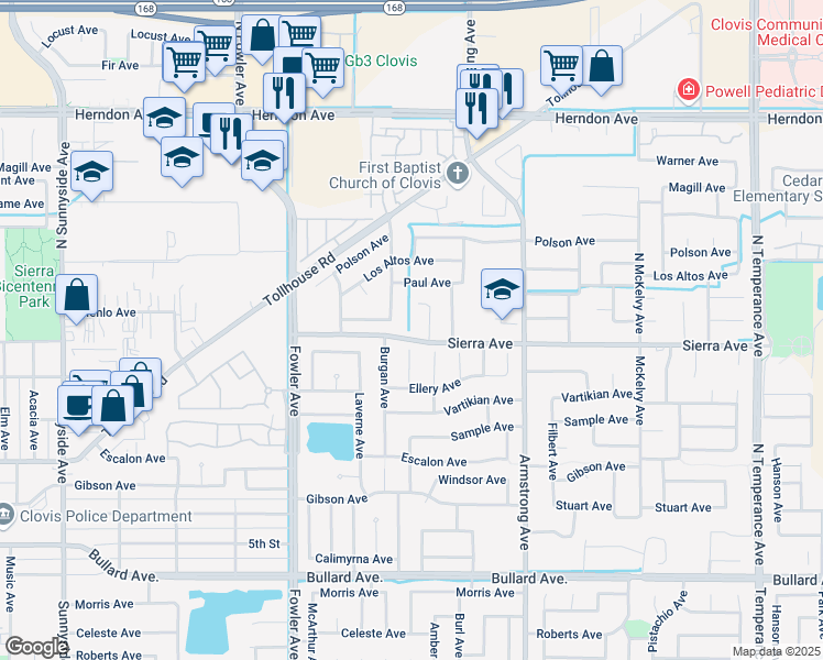 map of restaurants, bars, coffee shops, grocery stores, and more near 2011 Sierra Avenue in Clovis