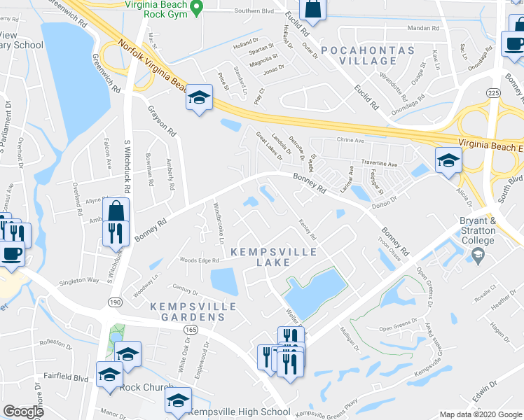 map of restaurants, bars, coffee shops, grocery stores, and more near 4734 Woodglen Court in Virginia Beach