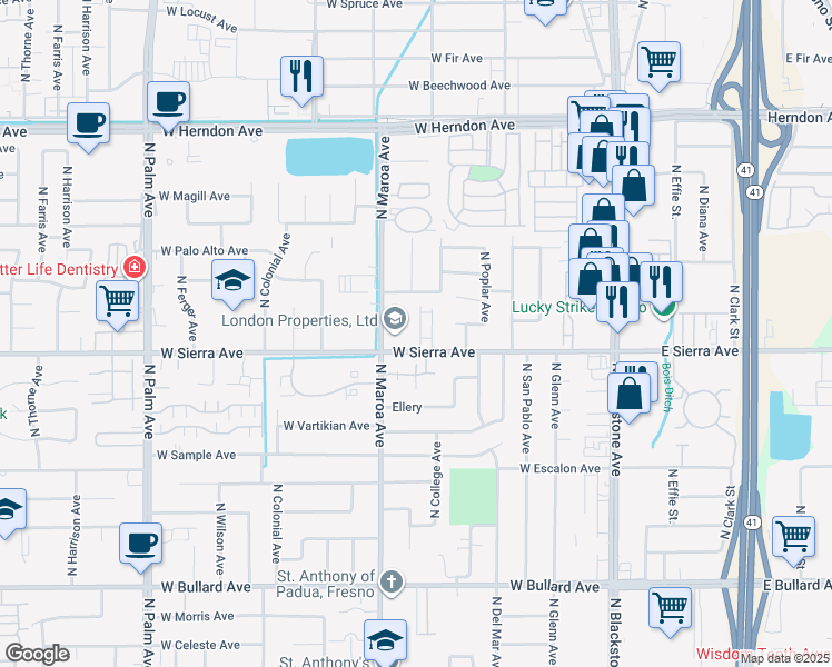 map of restaurants, bars, coffee shops, grocery stores, and more near 330 West Sierra Avenue in Fresno