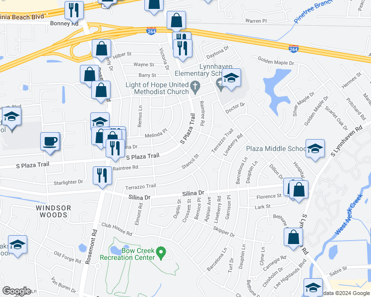 map of restaurants, bars, coffee shops, grocery stores, and more near 278 Appian Avenue in Virginia Beach