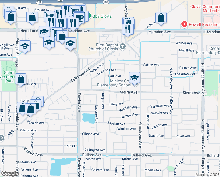 map of restaurants, bars, coffee shops, grocery stores, and more near 2011 Sierra Avenue in Clovis