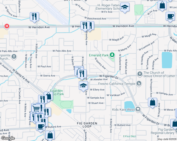 map of restaurants, bars, coffee shops, grocery stores, and more near 6455 North Leslie Lane in Fresno