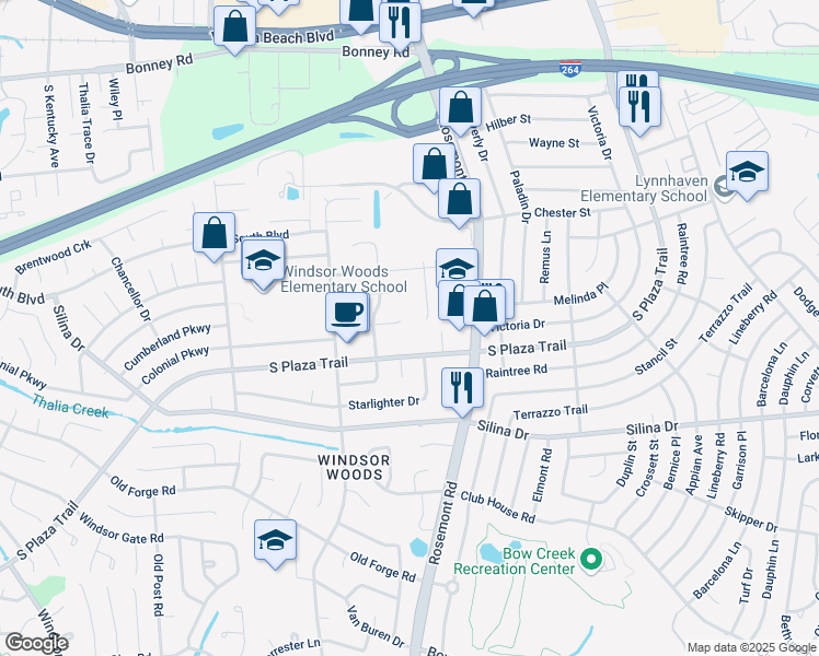 map of restaurants, bars, coffee shops, grocery stores, and more near 3604 Algonquin Court in Virginia Beach