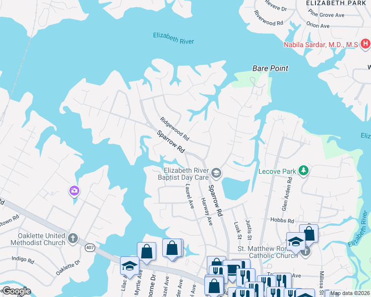map of restaurants, bars, coffee shops, grocery stores, and more near 311 Sparrow Road in Chesapeake