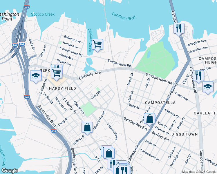 map of restaurants, bars, coffee shops, grocery stores, and more near 909 Barton Street in Norfolk