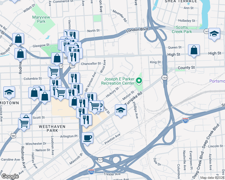 map of restaurants, bars, coffee shops, grocery stores, and more near 2700 Ash Street in Portsmouth