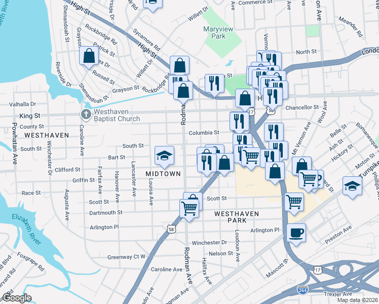 map of restaurants, bars, coffee shops, grocery stores, and more near 3617 South Street in Portsmouth