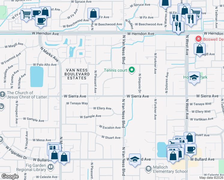 map of restaurants, bars, coffee shops, grocery stores, and more near 6435 North Van Ness Boulevard in Fresno