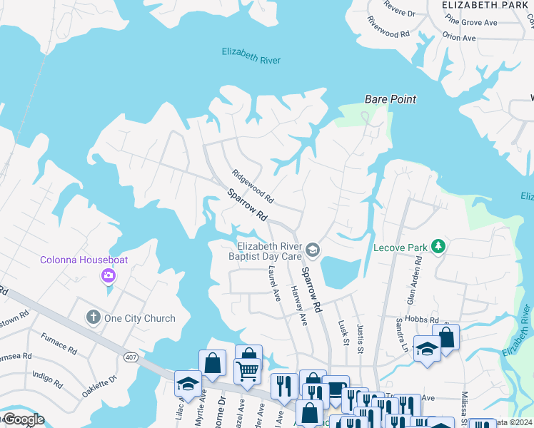 map of restaurants, bars, coffee shops, grocery stores, and more near 313 Sparrow Road in Chesapeake