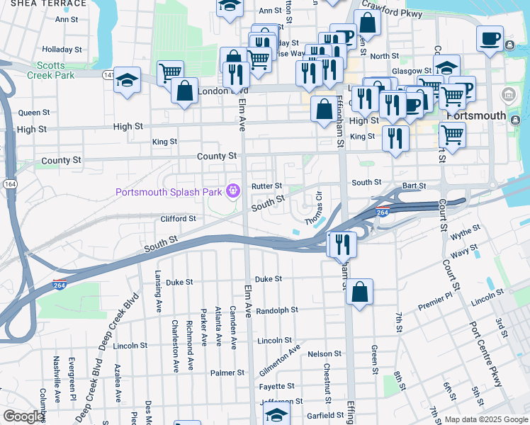 map of restaurants, bars, coffee shops, grocery stores, and more near 1150 Chisholm Circle in Portsmouth