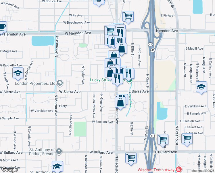 map of restaurants, bars, coffee shops, grocery stores, and more near 58 West Sierra Avenue in Fresno