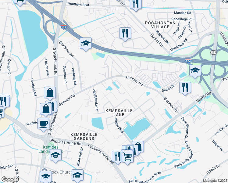 map of restaurants, bars, coffee shops, grocery stores, and more near 4736 Woodglen Court in Virginia Beach