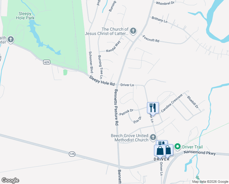 map of restaurants, bars, coffee shops, grocery stores, and more near 4500 Bennetts Pasture Road in Suffolk