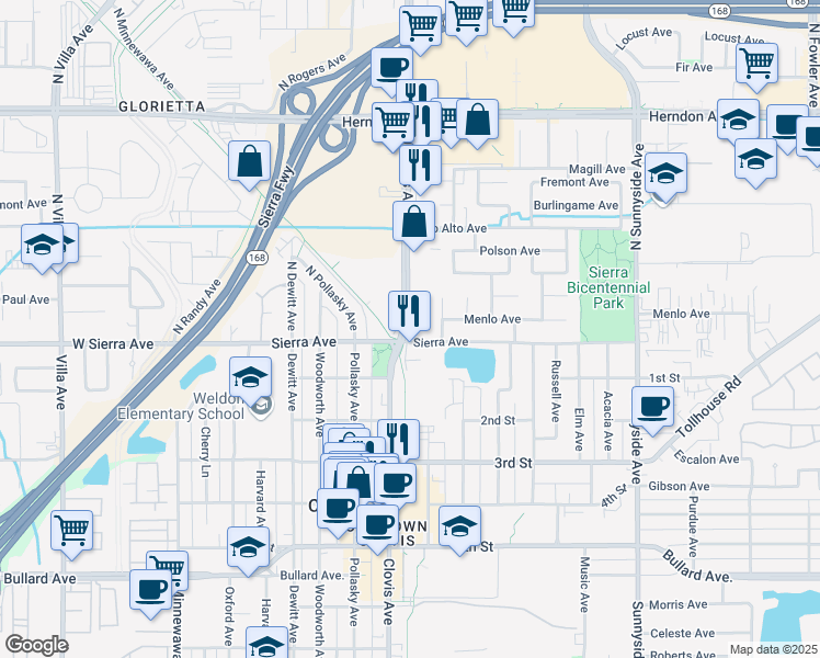 map of restaurants, bars, coffee shops, grocery stores, and more near 25 North Clovis Avenue in Clovis