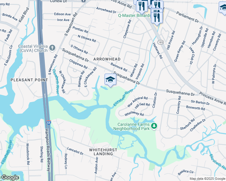 map of restaurants, bars, coffee shops, grocery stores, and more near 5549 Susquehanna Drive in Virginia Beach