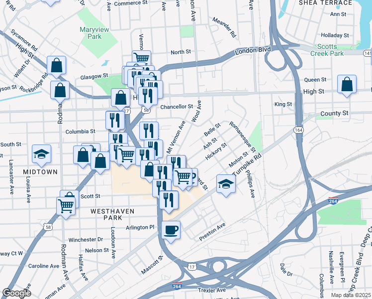 map of restaurants, bars, coffee shops, grocery stores, and more near 2715 Belle Street in Portsmouth