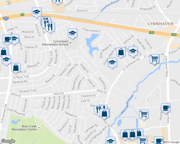 map of restaurants, bars, coffee shops, grocery stores, and more near 336 Dodge Drive in Virginia Beach