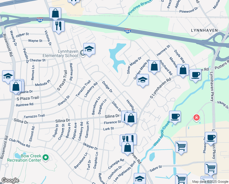 map of restaurants, bars, coffee shops, grocery stores, and more near 336 Dodge Drive in Virginia Beach