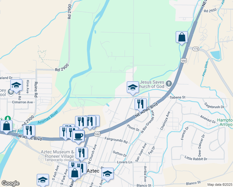 map of restaurants, bars, coffee shops, grocery stores, and more near 901 Mc Coy Avenue in Aztec
