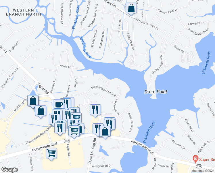map of restaurants, bars, coffee shops, grocery stores, and more near 2503 Bellechase Court in Chesapeake