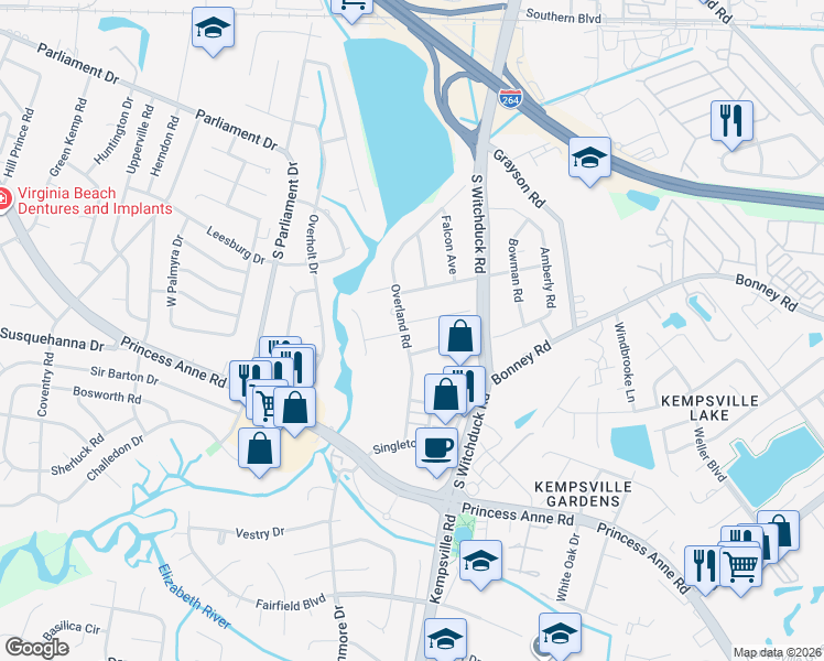 map of restaurants, bars, coffee shops, grocery stores, and more near 5173 Allyne Road in Virginia Beach
