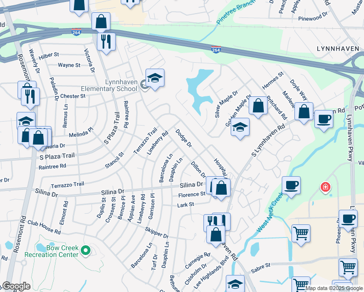 map of restaurants, bars, coffee shops, grocery stores, and more near 324 Dillon Drive in Virginia Beach