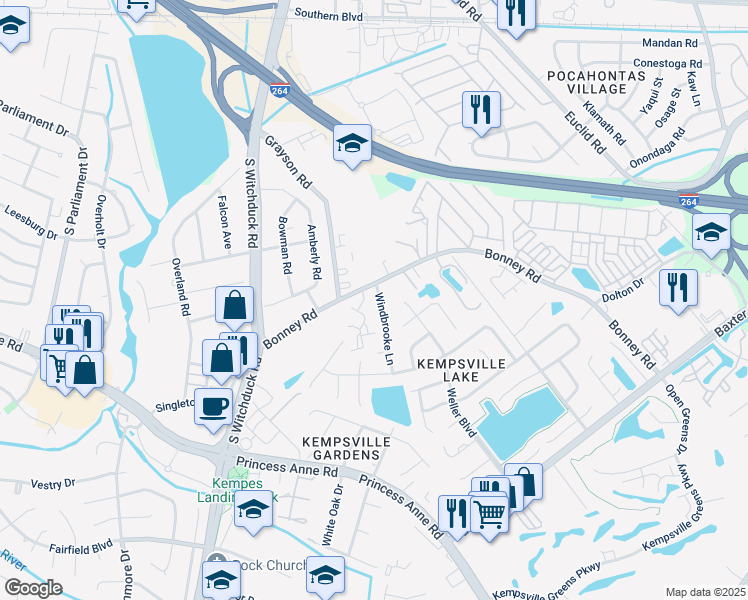 map of restaurants, bars, coffee shops, grocery stores, and more near 211 Windbrooke Ln in Virginia Beach