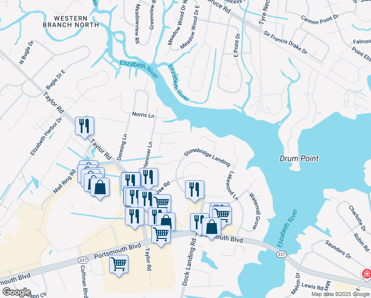 map of restaurants, bars, coffee shops, grocery stores, and more near 4135 Stonebridge Landing in Chesapeake