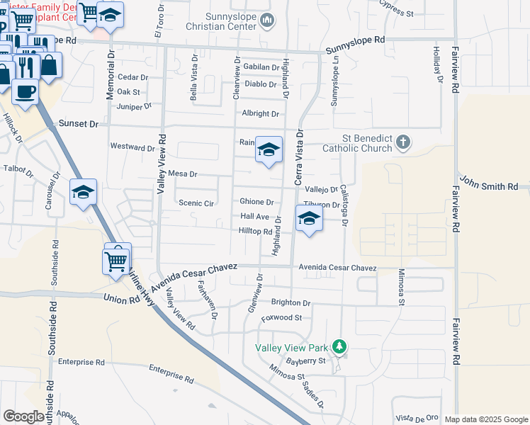 map of restaurants, bars, coffee shops, grocery stores, and more near 1501 Ghione Drive in Hollister