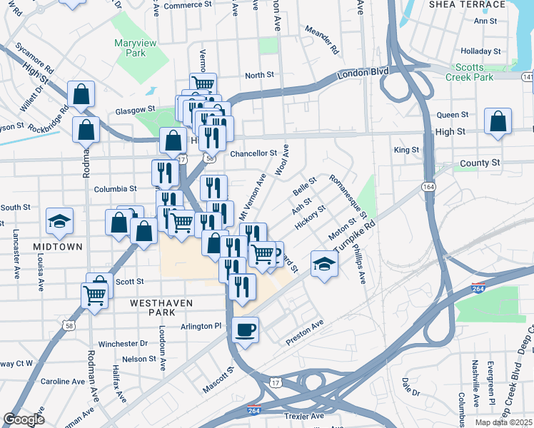 map of restaurants, bars, coffee shops, grocery stores, and more near 2715 Belle Street in Portsmouth