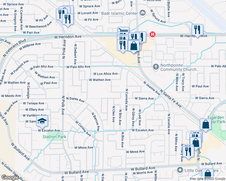 map of restaurants, bars, coffee shops, grocery stores, and more near 5129 West Paul Avenue in Fresno