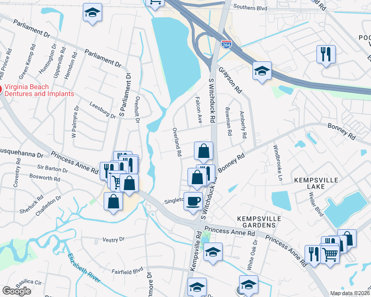 map of restaurants, bars, coffee shops, grocery stores, and more near 5173 Allyne Road in Virginia Beach