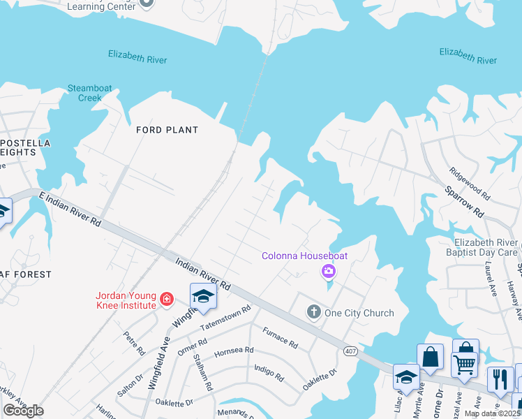map of restaurants, bars, coffee shops, grocery stores, and more near 504 Wingfield Avenue in Chesapeake