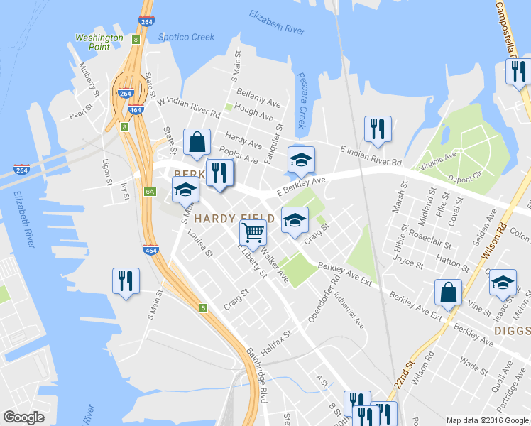 map of restaurants, bars, coffee shops, grocery stores, and more near 409 Berkley Avenue Extension in Norfolk